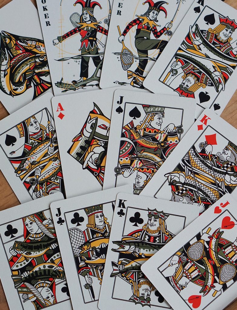 A deck of custom flyfishing playing cards made by artist Rob Benigno